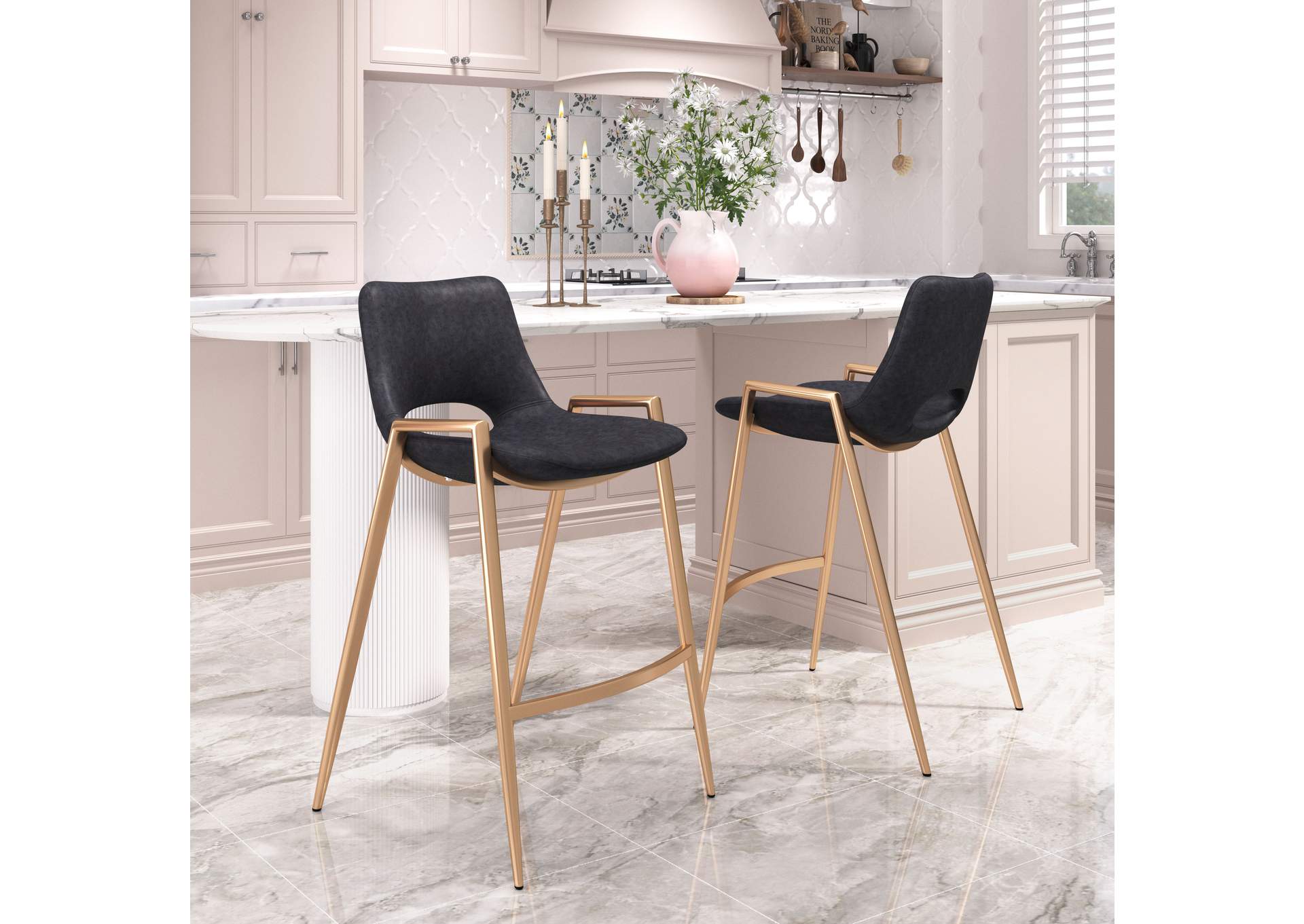 Desi Counter Stool (Set Of 2) Black & Gold,Zuo