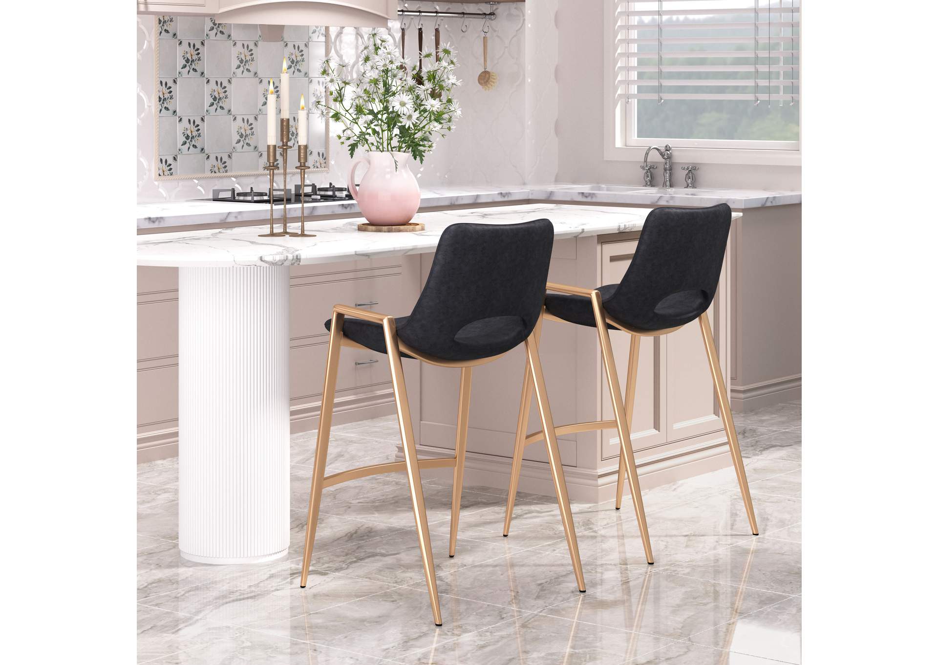 Desi Counter Stool (Set Of 2) Black & Gold,Zuo