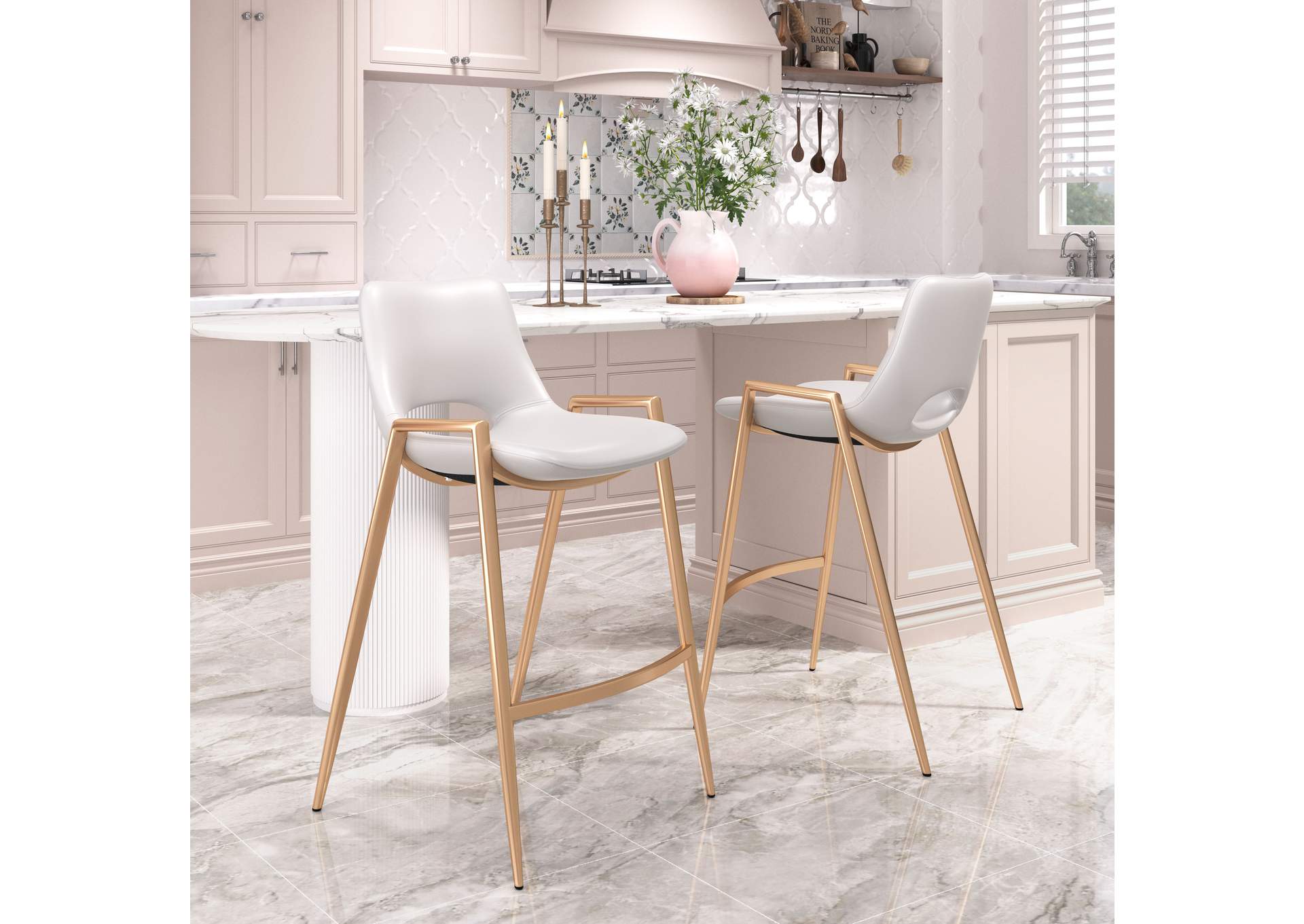 Desi Counter Stool (Set Of 2) White & Gold,Zuo