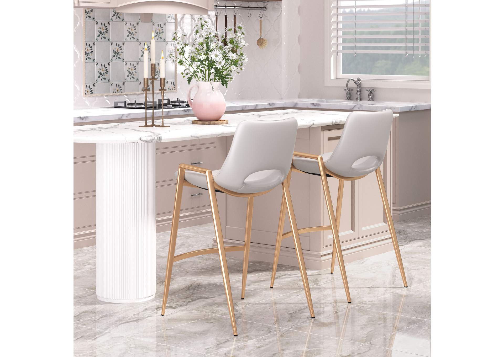 Desi Counter Stool (Set Of 2) White & Gold,Zuo
