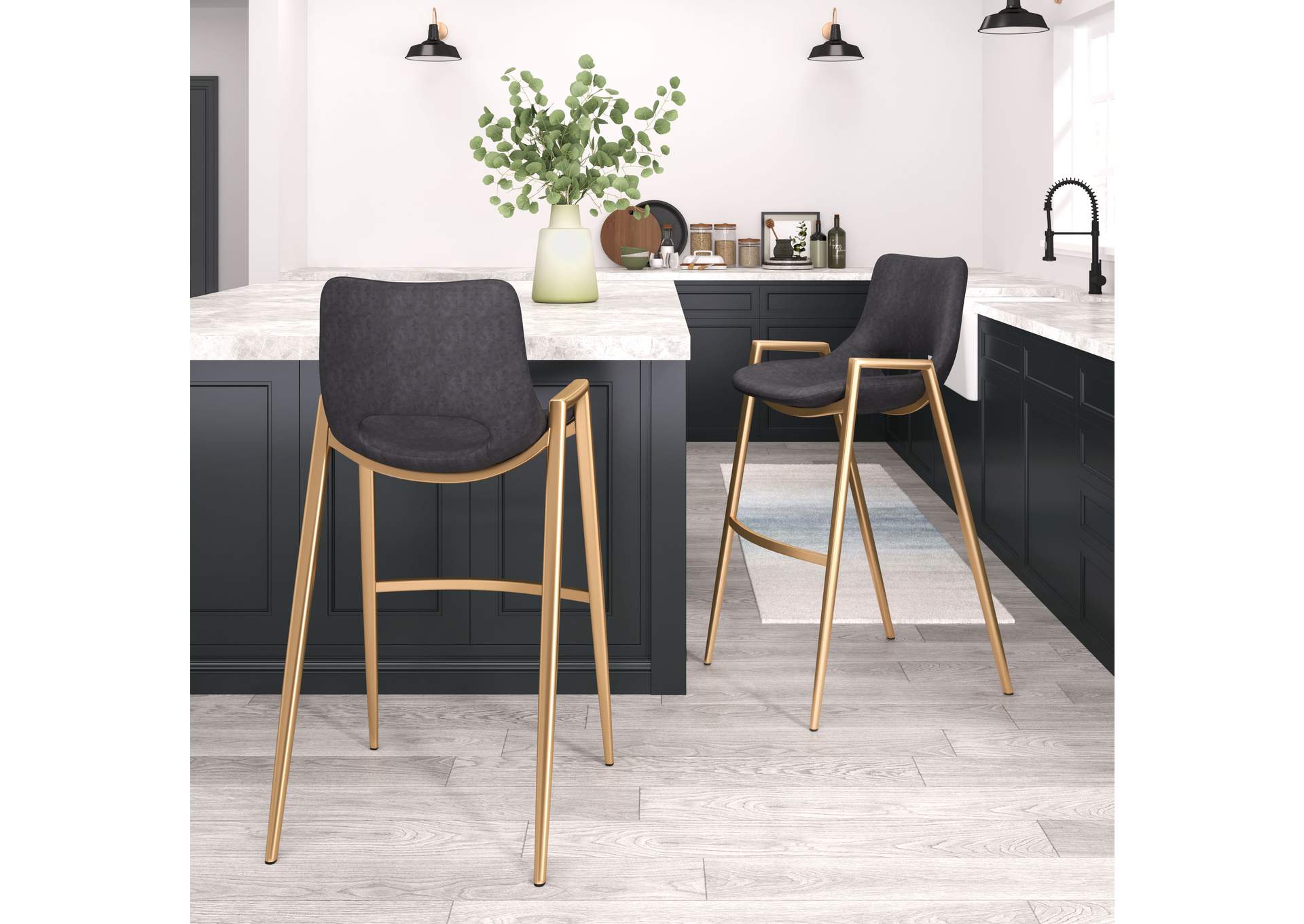 Desi Barstool Chair (Set Of 2) Black & Gold,Zuo